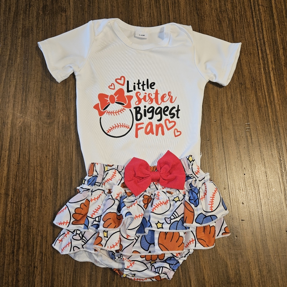 Girls Little Sister Biggest Fan Short Sleeve Skirt Set 2pcs Outfit Baseball